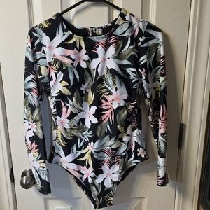 Kona Sol Black Floral Long Sleeve One Piece